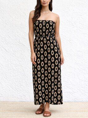Attention Strapless Maxi Dress Small Black Tan Geometric Print Column Silhouette